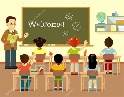 Lindo cerdo de dibujos animados confundido sosteniendo un libro. Diferentes niños de la escuela y maestro en clase clase en ...