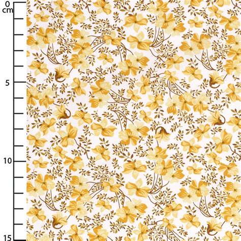 Floral Cotton Poplin Fabric White Yellow Ochre X10cm Perles And Co