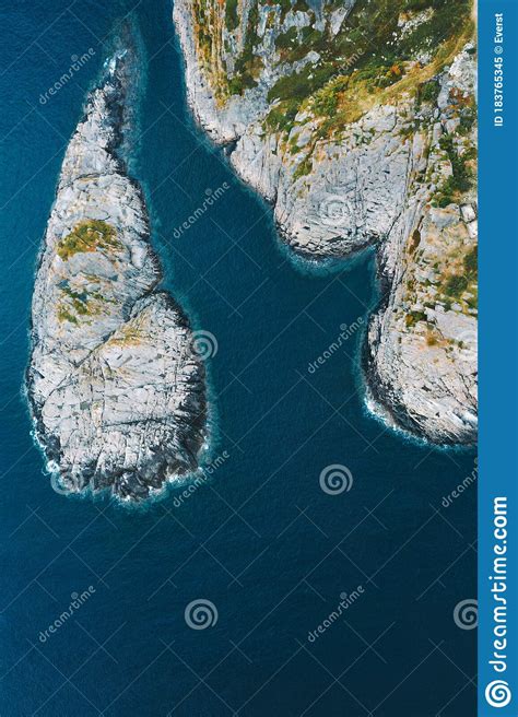 Aerial View Rocky Island And Blue Sea Drone Landscape In Norway Stock