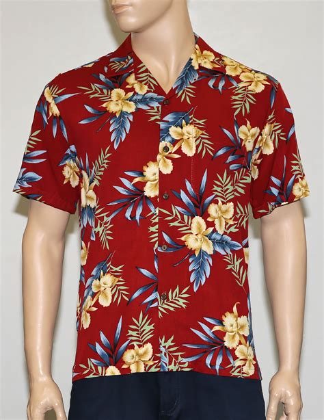 Men Aloha Red Shirt In Rayon Okalani Shaka Time Hawaii Clothing Store