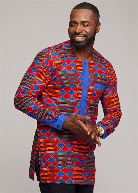 Eze Mens African Print Long Sleeve Traditional Shirt Blue Red Kente