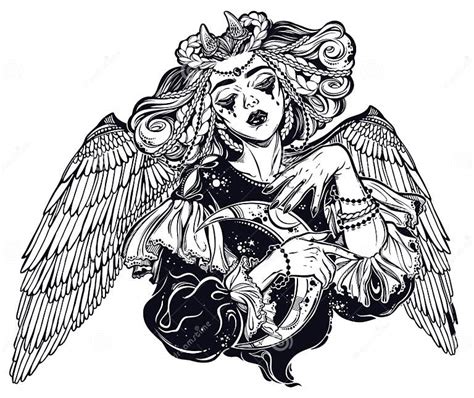 Lilith Uma Bela Deusa Pagã Mágica Alada E Chifre Com Crescente Nas