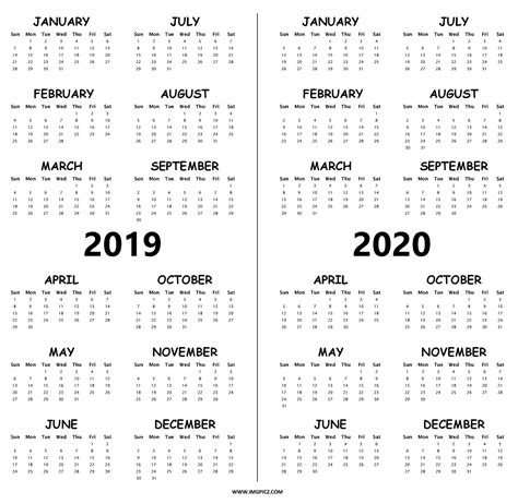 Year Long Calendar 2019 2020 Printable
