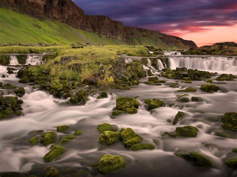 Nature Mountains Iceland Lovely Waterfall Rocks With Green Moss Sky