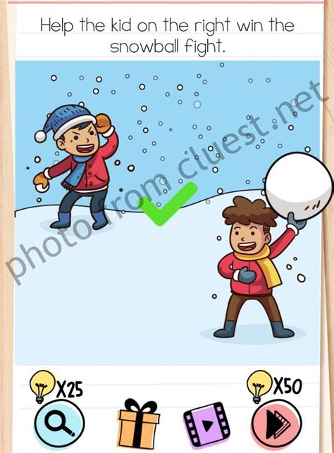 In each level you will have a specific question, situation or test and you need to use all the given objects or clues in order to find the solution. Brain Test Level 125 Help the kid on the right win the ...
