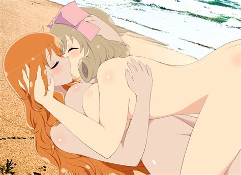 Rule 34 2girls Beach Breast Press Crossover French Kissing Haruka