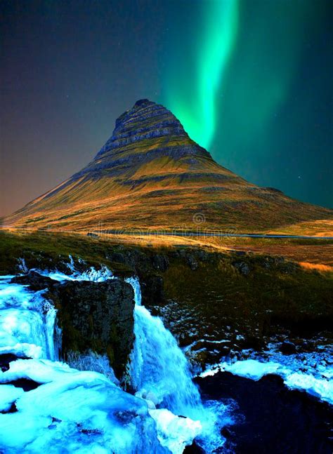 Iceland Famous Mountain Kirkjufell With Aurora Borealis Northern Light