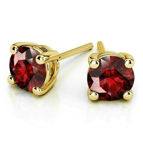 Kt Solid Yellow Gold Ct Round Natural Ruby Stud Earrings Screw
