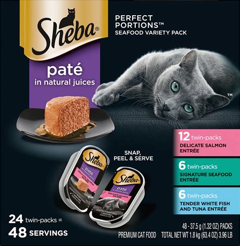 Sheba cat food comes in several wet varieties including pate, cuts in gravy, vegetable medleys, broths and cat treats. Sheba Perfect Portions Seafood Pate Variety Pack Grain ...
