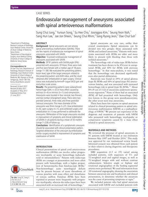 Pdf Endovascular Management Of Aneurysms Associated With Spinal