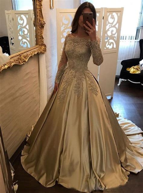 Ball Gown Off The Shoulder Champagne Satin Prom Dress With Lace Sleeves