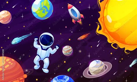 Cartoon Astronaut Character In Space Space Planets And Stars Galaxy