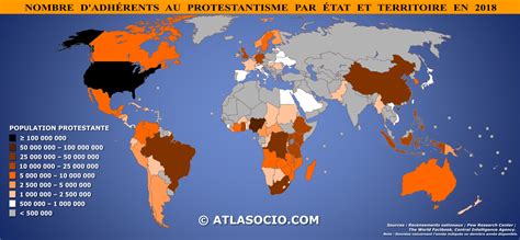 Carte du monde : protestantisme (nombre de protestants par État et