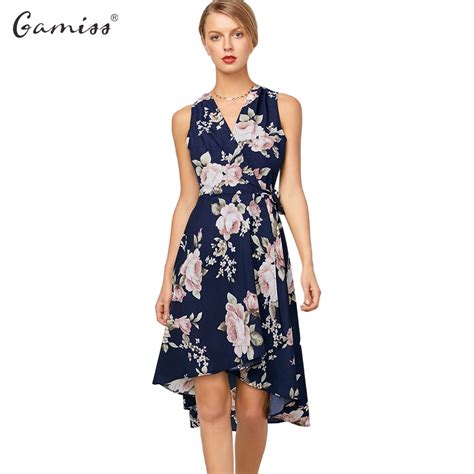 Gamiss 2017 Fashion High Low Floral Sleeveless Dress Sexy V Neck Summer