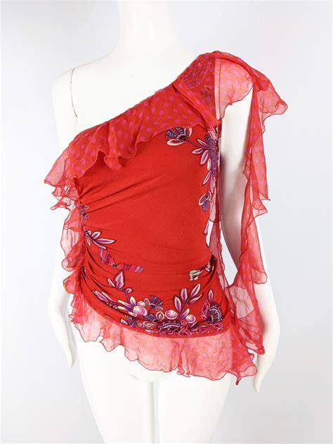 Emanuel Ungaro Vintage Red Ruched And Ruffled Silk Party Top 2000s At