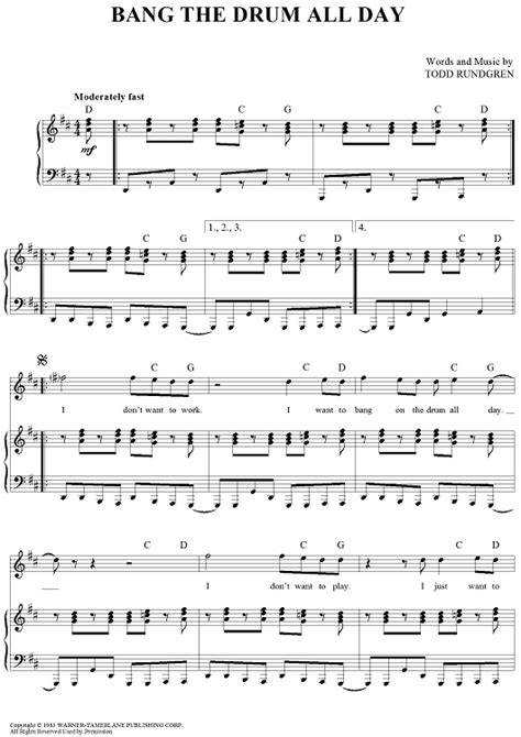 Bang The Drum All Day Sheet Music By Todd Rundgren For Piano Vocal Chords Sheet Music Now