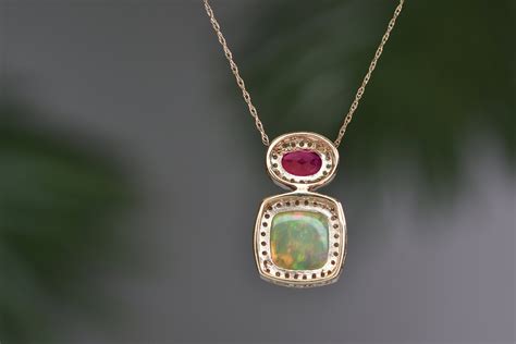 Opal Ruby Necklace Solid Kt Gold Opal Pendant Ruby And Etsy
