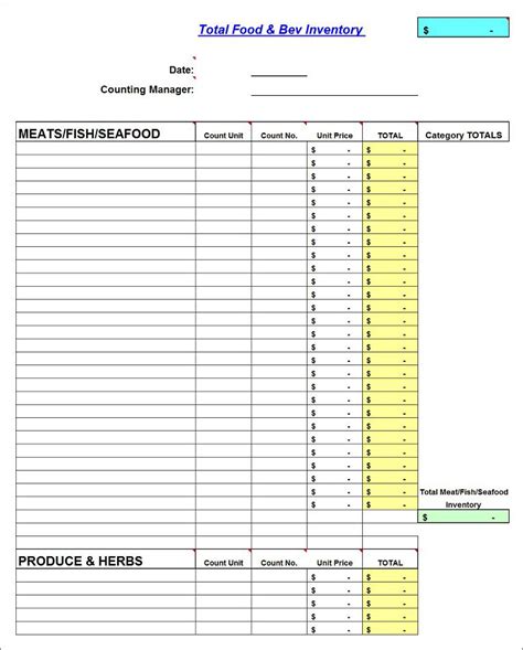 Full Service Restaurant Inventory Spreadsheet