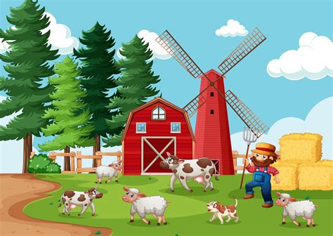 Farmer With Animal Farm In Farm Scene In Cartoon Style 1482356 Vector