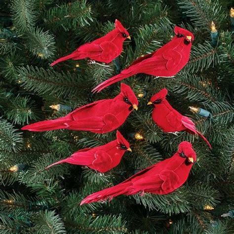Set Of 6 Clip On Red Cardinal Bird Figures Christmas Tree Holiday