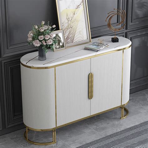 Modern White Sideboard Oval Faux Marble Top Buffet With Shelves Doors