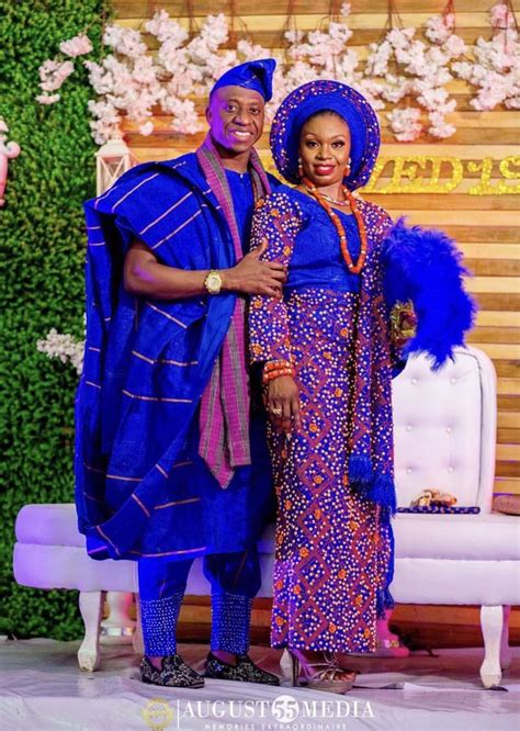 Beautiful Couple In Royal Blue Asooke Fabric Traditional Wedding