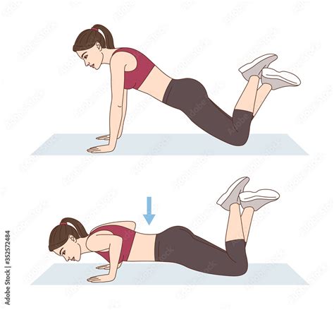A Woman Is Doing Sports Exercises Knee Push Ups Workout For Arms And Pectoral Muscles Fitness