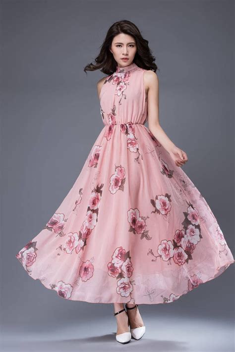 Pink Print Chiffon Dress Bridesmaid Chiffon Dress Flower Etsy
