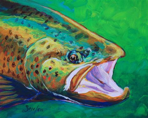 Spring Time Brown Trout Fly Fishing Art Painting By Savlen Art