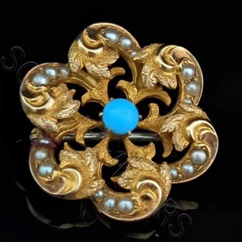 Antique K Yellow Gold Turquoise Seed Pearl Brooch Pin Victorian S