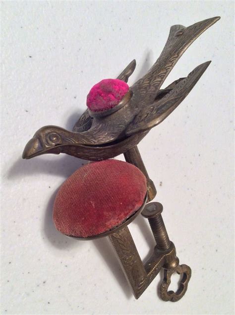 Dated 1853 Sewing Bird Pin Cushion Clamp Antique Ornate Metal Pin