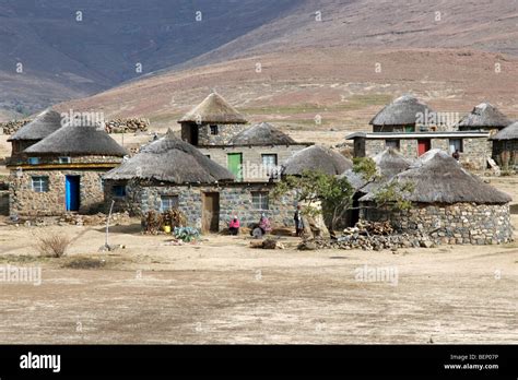 Basotho Basuto Village Showing Stone Huts With Thatched Roofs In