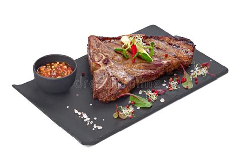 Grilled Beef Steak On Grey Plate Isolated On White Stock Image Image