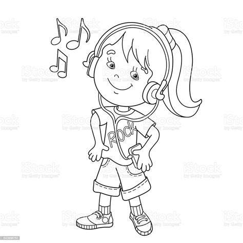 Coloring Page Outline Of Girl In Headphones Listening To Music Stock