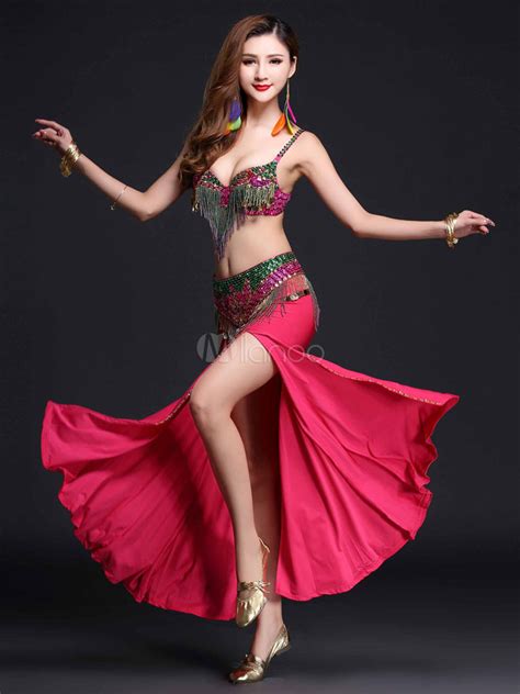 Belly Dance Costume Rose Long Skirt With Bra And Cummerbund For Women
