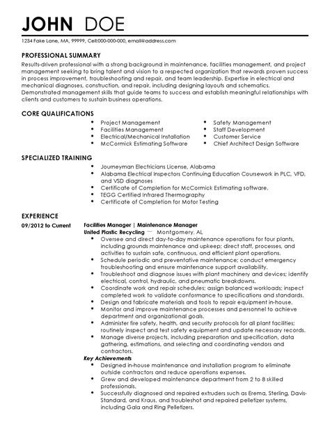 Professional Facilities Manager Resume Example Myperfectresume
