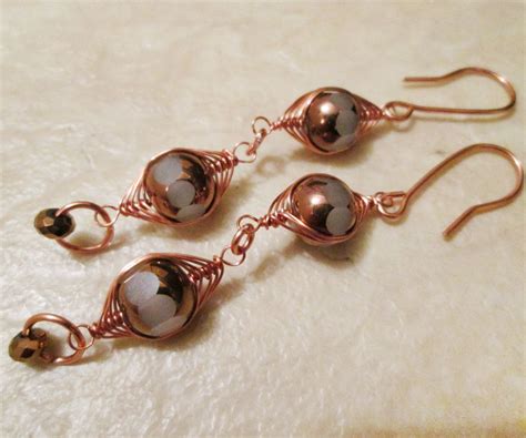 Herringbone Copper Wire Wrapped Glass Beaded Dangling Earrings Beaded
