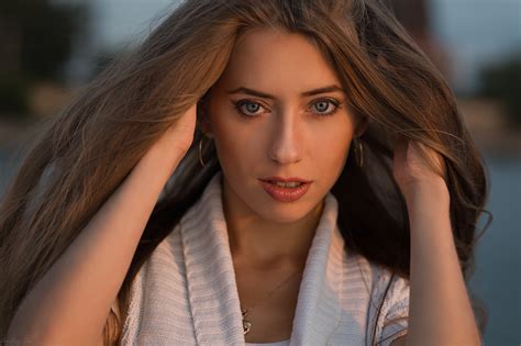 Women Face Long Hair Viktoria Babkina Dmitry Shulgin Blue Eyes Brunette Hands In Hair