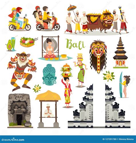 Bali Landmarks Vector Icons Set Illustrated Travel Collection Stock