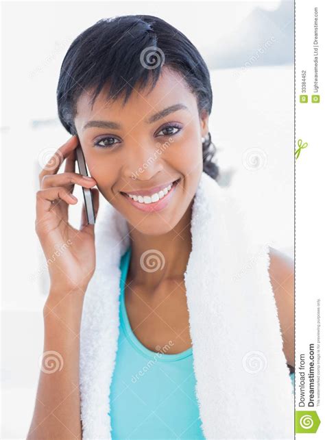 Gorgeous Black Haired Woman Calling Someone Her Mobile Phone Stock