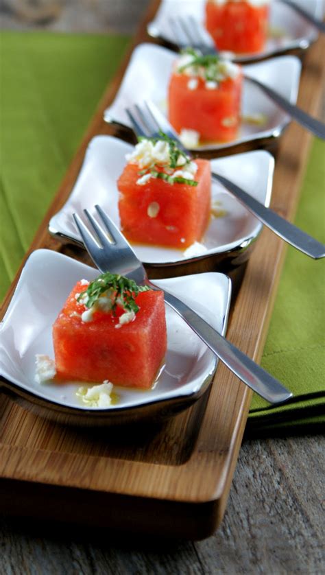 Authentic Suburban Gourmet Watermelon Bites With Basil Oil Feta And Mint