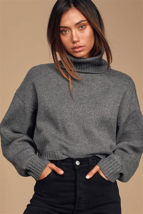 grey cropped sweater cropped turtleneck sweater sweater top lulus