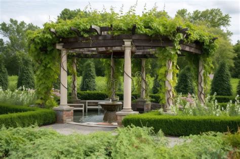 Beautiful Pergola With Vine Covered Gazebo And Water Feature In The