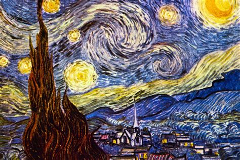 Famous image depicts a small town set against the night sky. Starry Night by Van Gogh - Old Masters