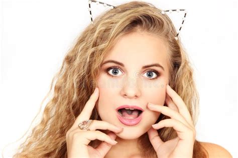 Horizontal Portrait Of The Girl On A White Background Stock Photo