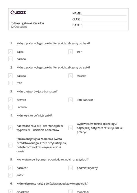 Ponad Rodzaje I Gatunki Literackie Arkuszy W Quizizz Darmowe I Do