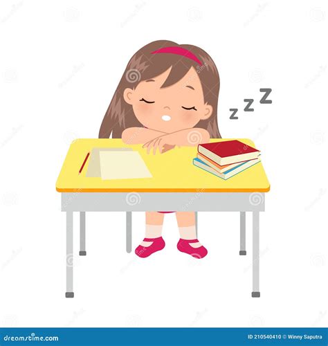 Cute Girl Sleeping In Her Study Desk Lazy Kid Concept Stock Vector