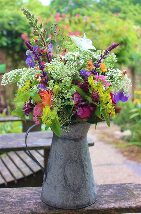 Early Summer Mixed Bouquet In Metal Jug Wild Floral Arrangements