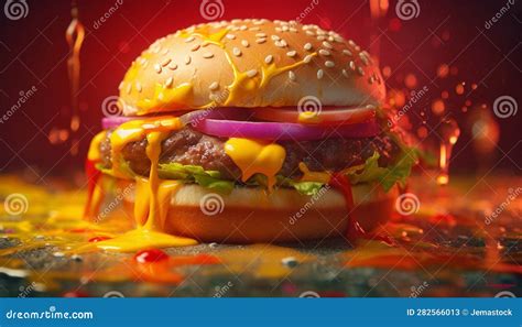 Grilled Beef Burger With Melted Cheddar Tomato And Onion Generated By