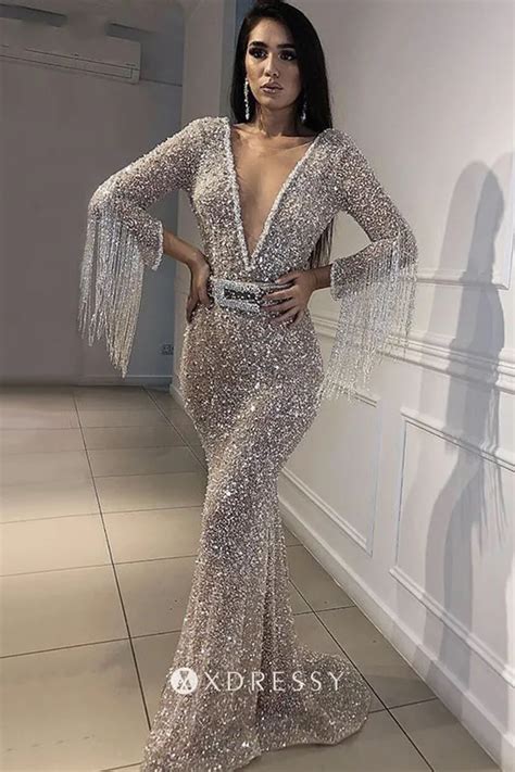 Silver Glitter Plunging V Neck Tassel Sleeve Prom Dress Xdressy